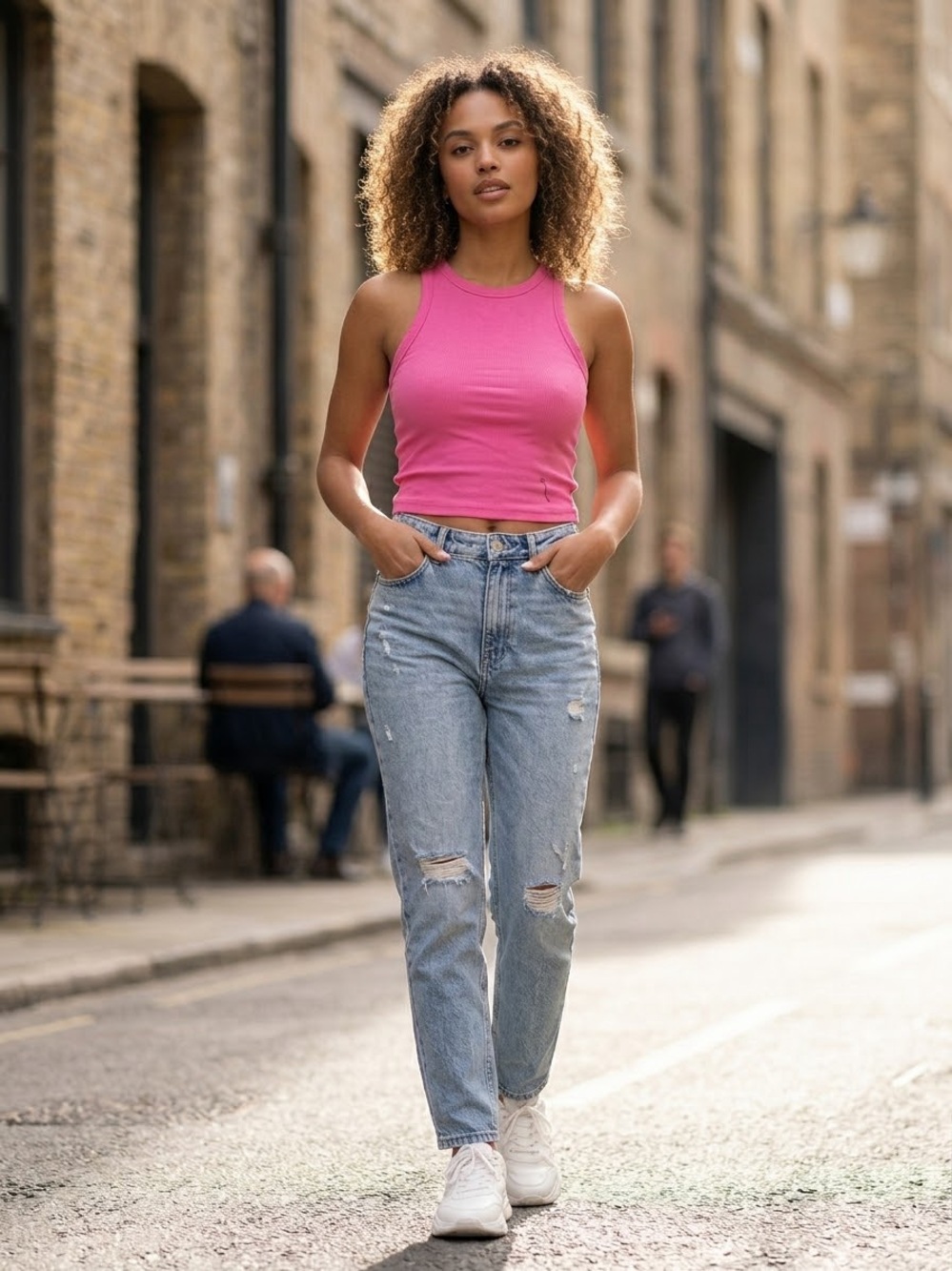 SHEIN Bright Pink Ribbed High-Neck Crop Top